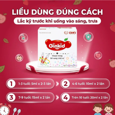 Siro Ginkid nhuận tràng bổ sung chất xơ giúp tiêu hóa tốt, giảm táo bón (3 vỉ x 5 ống x 10ml)