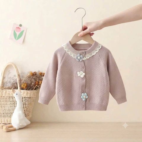 Hàng QC- Áo len cardigan đính hoa cổ ren xinh xắn dễ thương vintage hàn quốc mùa đông cho bé gái