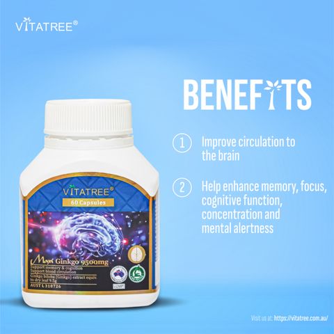 Vitatree Maxi Ginkgo 9500 mg - 60 viên Tăng cường trí nhớ & chức năng nhận thức - Làm chậm quá trình oxy hóa tế bào thần kinh - S/P Chuẩn Úc [Auth]