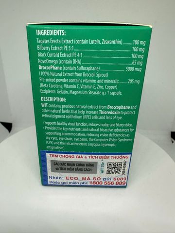  WIT bảo vệ mắt, tăng cường thị lực. Mua 4 tặng 1. lọ 15 viên 