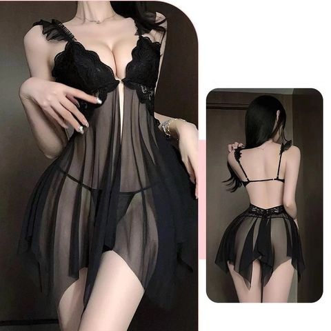 Váy Ngủ Nữ Xuyên Thấu Có Mút Ngực Khoá Đầm Cánh Tiên 2 Dây Xẻ Tà Trước  - N155 Đen
