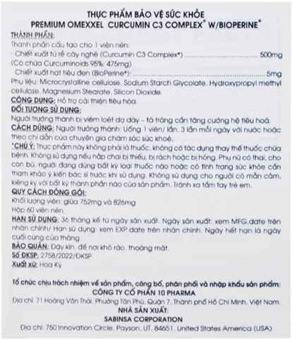 Viên uống hỗ trợ cải thiện tiêu hóa Premium Omexxel Curcumin C3 Complex W/Bioperine (60 viên)