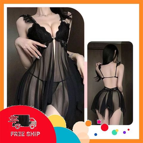 (Che Tên Khi Giao) Váy Ngủ Nữ Xuyên Thấu Có Mút Ngực Khoá Đầm Cánh Tiên 2 Dây Xẻ Tà Trước - N155 Đen Cao Cấp Bảo Đảm