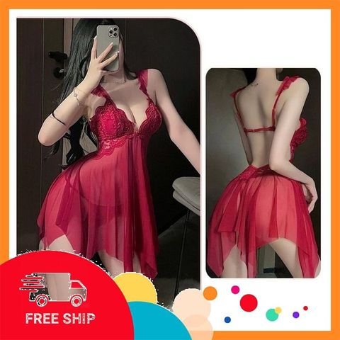 (Che Tên Khi Giao) Váy Ngủ Nữ Xuyên Thấu Có Mút Ngực Khoá Cài Sexy Gợi Cảm Đầm Cánh Tiên 2 Dây Xẻ Tà Trước Quyến Rũ Tinh Tế - N155 Đỏ Cao Cấp Bảo Đảm