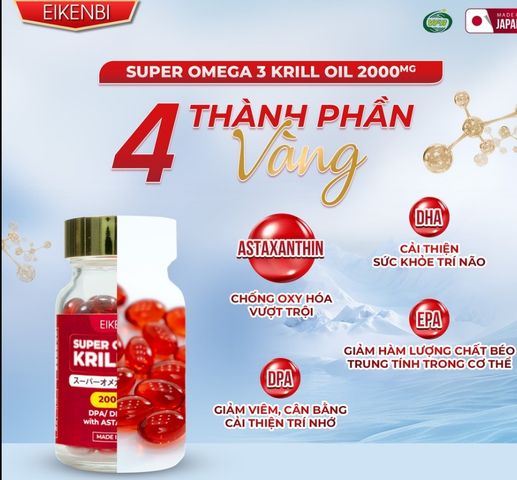[Nhập khẩu] Dầu nhuyễn thể Super Omega 3 Krill Oil 2000mg Eikenbi - Hỗ trợ sức khỏe, đẹp da, tăng cường trí nhớ - 60 viên bổ sung omega 3 cao cấp