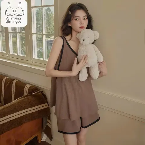 Bộ đồ thun nữ mặc nhà, đồ mặc ngủ nữ sát nách áo sẵn mút đệm ngực mát mẻ cho ngày hè oi bức