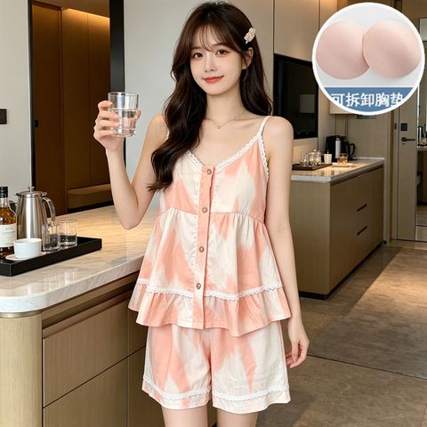 Bộ Đồ Ngủ Nữ Cotton Mùa Hè Áo 2 Dây Đệm Ngực Quần Đùi Rằn Ri Viền Ren Dễ Thương Thoáng Mát Pyjama Nữ Mặc Nhà