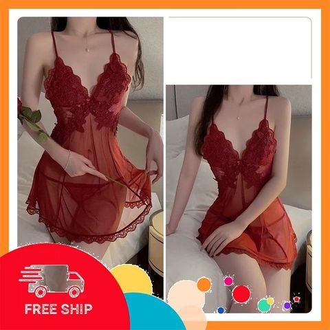 (Che Tên Khi Giao) Váy Ngủ Nữ Sexy Voan Xuyên Thấu Phối Ren - N188 Đỏ Bảo Mật Tuyệt Đối
