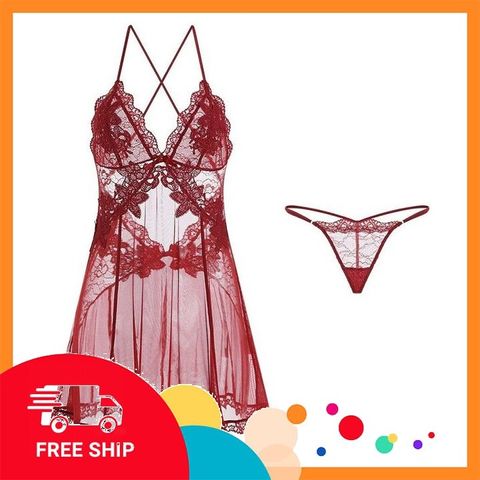 (Che Tên Khi Giao) Váy Ngủ Nữ Sexy Voan Xuyên Thấu Phối Ren - N188 Đỏ Bảo Mật Tuyệt Đối