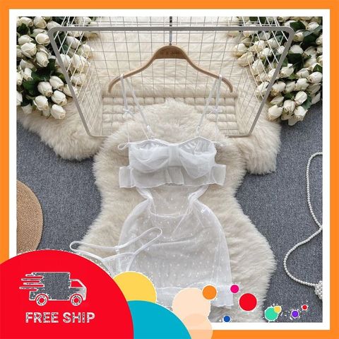 (Che Tên Khi Giao) Váy Ngủ Ren Chấm Bi Xẻ Tà Dễ Thương Xuyên Thấu Tặng Chip Quyến Rũ - N184 Trắng Cao Cấp Bảo Đảm