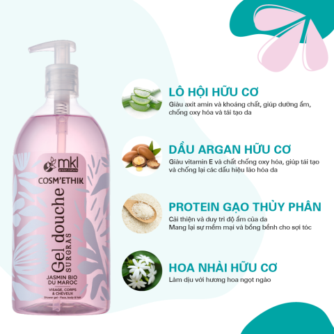 Sữa tắm dưỡng ẩm hương nhài của Pháp - MKL Green Nature Cosméthik Gel Douche Surgras Jasmin Bio du Maroc 1L