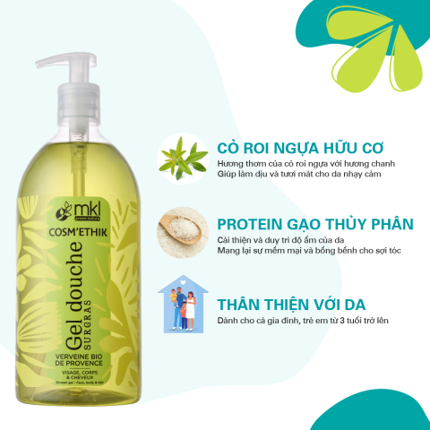 Sữa tắm dưỡng ẩm, mang lại cảm giác tươi mát (Pháp) - MKL Green Nature Cosméthik Gel Douche Surgras Verveine Bio de Provence 1L