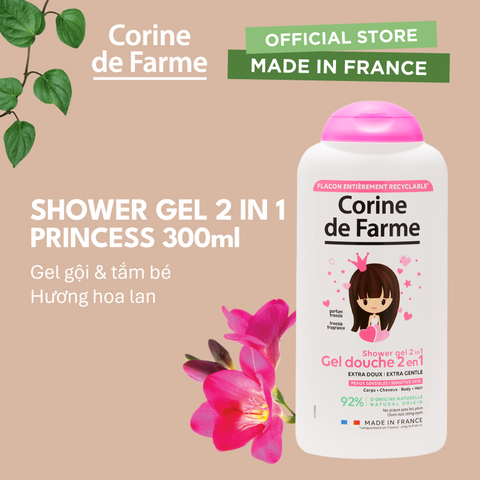 Gel tắm và gội cho bé hương hoa lan Nam Phi - Corine de Farme Shower Gel 2 in 1 Princess 300ml
