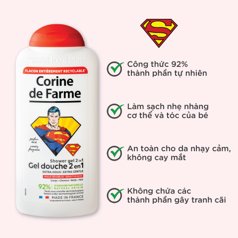 Gel tắm và gội cho bé hương gỗ nồng ấm (của Pháp) - Corine de Farme Shower Gel 2 in 1 Superman 300ml