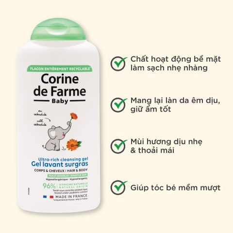 Gel tắm gội cho trẻ sơ sinh và trẻ nhỏ (không cay mắt) - Corine de Farme Baby Ultra-Rich Cleansing Gel Hair & Body 250ml