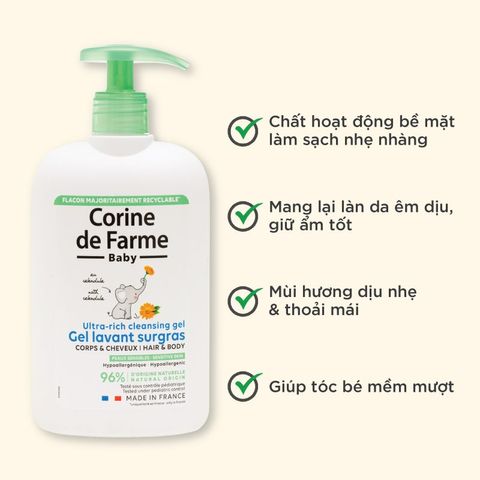 Gel tắm gội cho bé (không cay mắt) - Corine de Farme Baby Ultra-Rich Cleansing Gel Hair & Body 500ml
