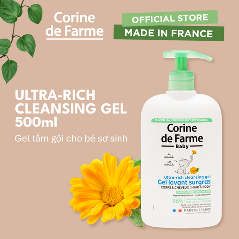 Gel tắm gội cho bé (không cay mắt) - Corine de Farme Baby Ultra-Rich Cleansing Gel Hair & Body 500ml