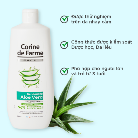 Gel tắm chiết xuất lô hội - Corine de Farme Essential Aloe Vera Shower Gel 750ml