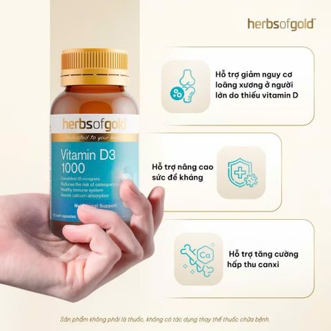 (Úc) HERBS OF GOLD Vitamin D3 1000IU - Bổ Sung Vitamin D, Hỗ Trợ Hấp Thu Canxi, Tăng Cường Miễn Dịch, Xương Răng Chắc Khỏe
