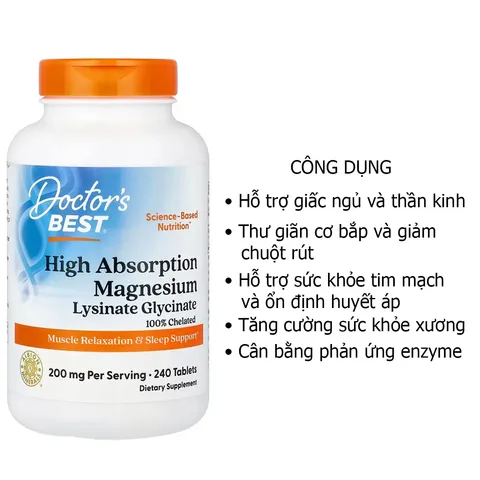 Magnesium Lysinate Glycinate Doctor’s Best 200mg 240 Tablets