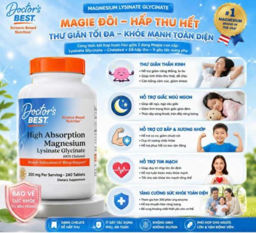 Viên uống magie Doctor's Best High Absorption Magnesium dễ hấp thụ, giảm stress, mất ngủ, chuột rút 240v