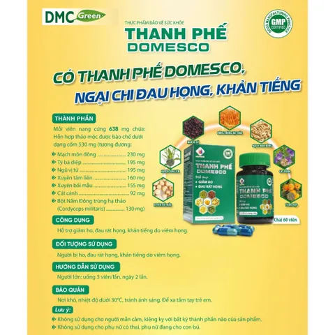 TPBVSK Hỗ Trợ Giảm Ho, Đau Họng, Khản Tiếng Do Viêm Họng Thanh Phế DMC Green Hộp 60 viên