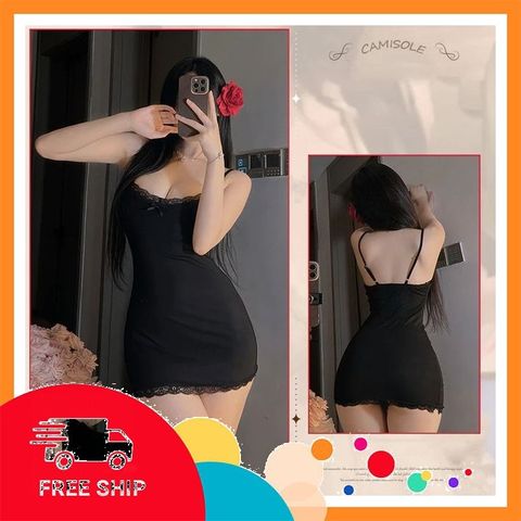 (Che Tên Khi Giao) Váy Ngủ Ôm Body Tôn Dáng Phối Ren Siêu Xinh Đầm 2 Dây Xẻ Ngực Sang Chảnh Quyến Rũ - N258 Đen Hộp Trắng Kín