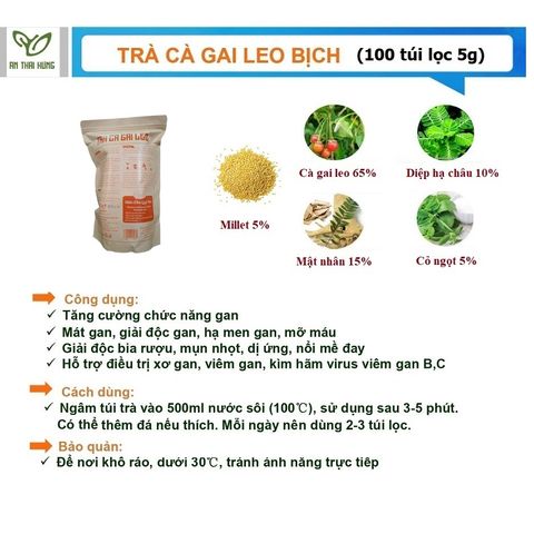 Trà Cà Gai Leo THÁI HƯNG Hạ men gan, mỡ gan, xóa mụn nhọt mẩn ngứa - Bịch 100 túi lọc 5g