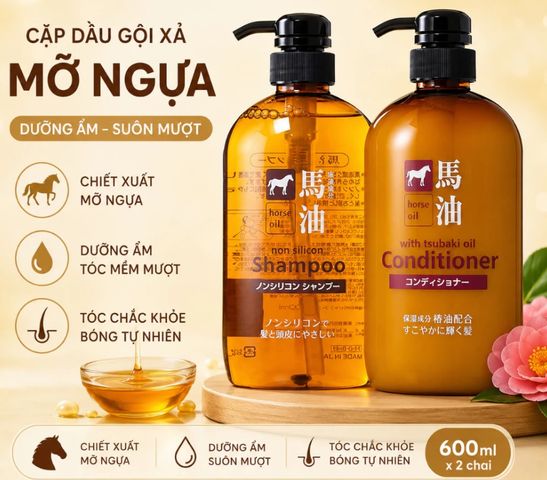 Bộ Dầu Gội Xả Mỡ Ngựa Horse Oil Nhật Bản 600ml - Dưỡng Tóc Khỏe, Bóng Mượt, Hỗ Trợ Giảm Khô Xơ Và Gàu