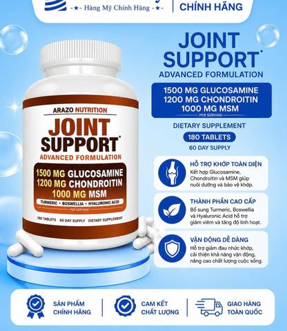 Hàng Mỹ Chính Hãng - Arazo Nutrition Joint Support Advanced Formula 180 Viên | Glucosamine 1500mg, Chondroit, MSM Hỗ Trợ Xương Khớp