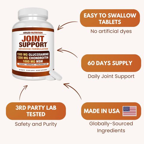 Hàng Mỹ Chính Hãng - Arazo Nutrition Joint Support Advanced Formula 180 Viên | Glucosamine 1500mg, Chondroit, MSM Hỗ Trợ Xương Khớp