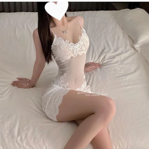 Váy Ngủ Ren Hoa Xuyên Thấu Đen Trắng Quyến Rũ Ngọt Ngào Đầm 2 Dây - N265 Trắng