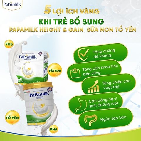 Sữa non tổ yến PaPamilk Heigth and Gain tăng cân và chiều cao cho Trẻ từ 1-19 tuổi chứa Tổ Yến | Hộp 14 gói x 28g
