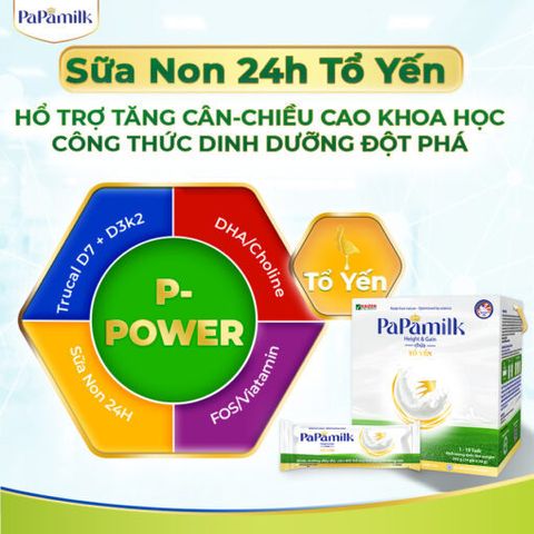 Sữa non tổ yến PaPamilk Heigth and Gain tăng cân và chiều cao cho Trẻ từ 1-19 tuổi chứa Tổ Yến | Hộp 14 gói x 28g