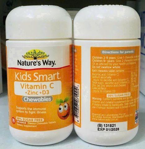 Viên nhai Nature's Way Kids Smart Vitamin C + Zinc + D3 Chewable |75 viên| Hỗ trợ phát triển cho trẻ từ 2 tuổi trở lên [S/P Chuẩn Úc]