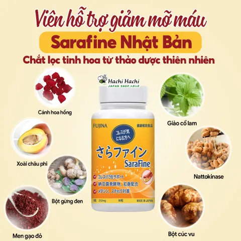 Viên Uống Sarafine Fujina - Hỗ Trợ Giảm Mỡ Máu, Kiểm Soát Cholesterol, Bảo Vệ Tim Mạch - Hộp 80 Viên Nhật Bản
