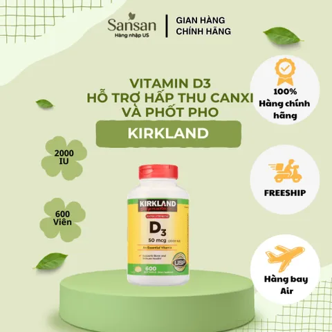 Viên Uống Vitamin D3 Kirkland Signature Extra Strength 50mcg (2000IU) 600 Viên Nang Mềm
