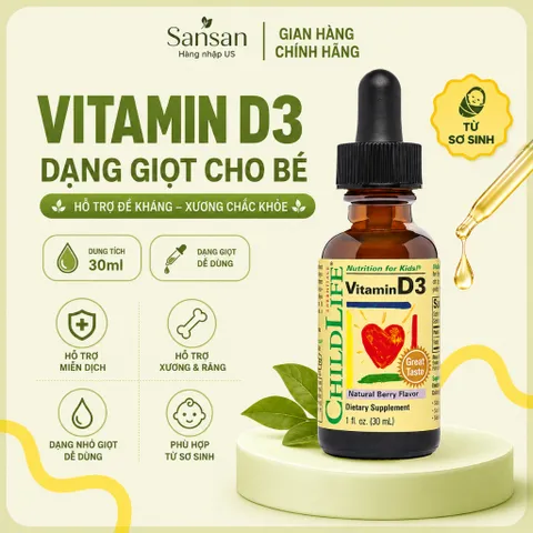 ChildLife Essentials Vitamin D3 Drops 30ml - Cho Trẻ Sơ Sinh & Trẻ Em, Hỗ Trợ Miễn Dịch & Xương Khớp