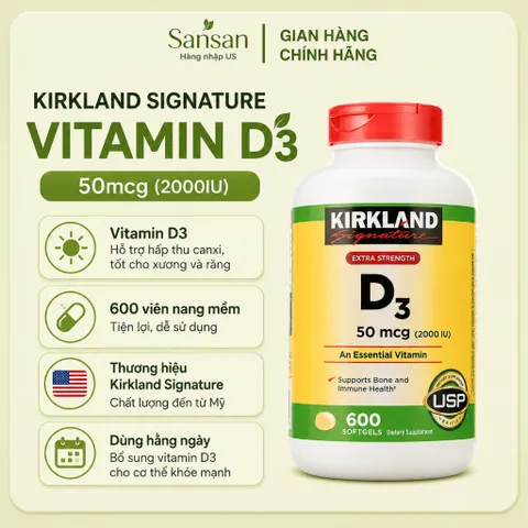 Viên Uống Vitamin D3 Kirkland Signature Extra Strength 50mcg (2000IU) 600 Viên Nang Mềm