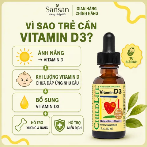 ChildLife Essentials Vitamin D3 Drops 30ml - Cho Trẻ Sơ Sinh & Trẻ Em, Hỗ Trợ Miễn Dịch & Xương Khớp