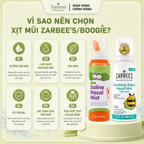Xịt Mũi Saline Zarbee's Aloe 88ml Boogie Saline 89g Dưỡng Ẩm Vệ Sinh Mũi