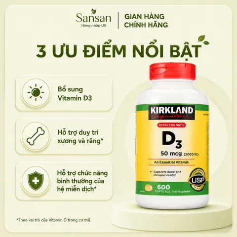 Viên Uống Vitamin D3 Kirkland Signature Extra Strength 50mcg (2000IU) 600 Viên Nang Mềm