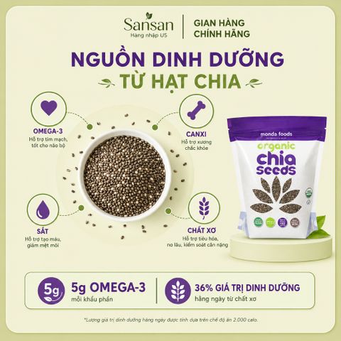 Hạt Chia Hữu Cơ Monda Foods Organic Chia Seeds 1.36kg Không Gluten Giàu Chất Xơ Omega 3