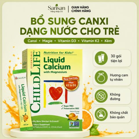 ChildLife Essentials Canxi Lỏng Cho Bé Kèm Magie K2 D3 Kẽm Hương Cam, Dạng Gói 30 Gói x 10ml