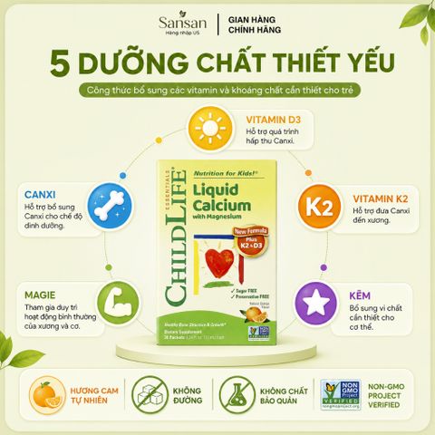 ChildLife Essentials Canxi Lỏng Cho Bé Kèm Magie K2 D3 Kẽm Hương Cam, Dạng Gói 30 Gói x 10ml