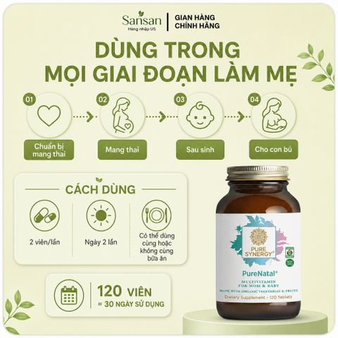 Pure Synergy PureNatal Prenatal Multivitamin 120 Viên - Vitamin Tổng Hợp Cho Bà Bầu, MTHF, Choline, Sắt, Vitamin C Hữu C