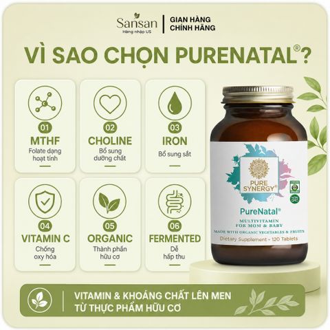 Pure Synergy PureNatal Prenatal Multivitamin 120 Viên - Vitamin Tổng Hợp Cho Bà Bầu, MTHF, Choline, Sắt, Vitamin C Hữu C