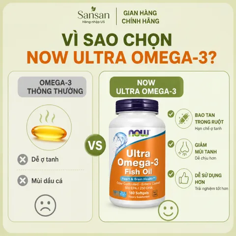NOW Foods Ultra Omega-3 180 Viên Nang Mềm - 500mg EPA & 250mg DHA, Bao Tan Trong Ruột, Hỗ Trợ Tim Mạch & Não Bộ