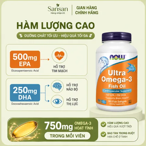 NOW Foods Ultra Omega-3 180 Viên Nang Mềm - 500mg EPA & 250mg DHA, Bao Tan Trong Ruột, Hỗ Trợ Tim Mạch & Não Bộ