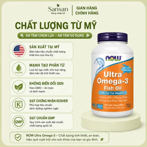 NOW Foods Ultra Omega-3 180 Viên Nang Mềm - 500mg EPA & 250mg DHA, Bao Tan Trong Ruột, Hỗ Trợ Tim Mạch & Não Bộ